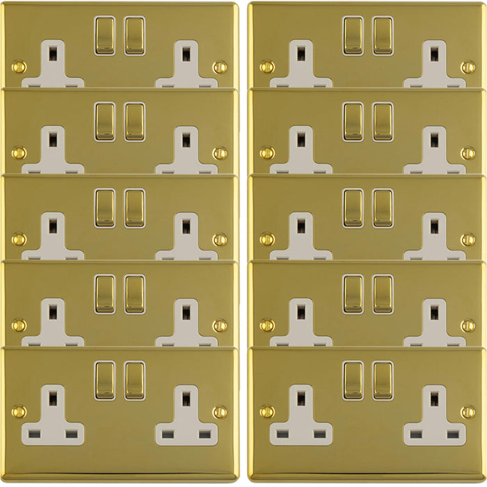 10 PACK 2 Gang Double UK Plug Socket POLISHED BRASS & WHITE 13A Switched Mains Wall Power Outlet