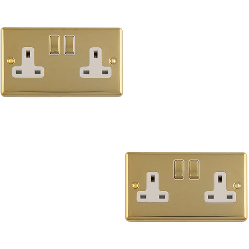2 PACK 2 Gang Double UK Plug Socket POLISHED BRASS & WHITE 13A Switched Mains Wall Power Outlet