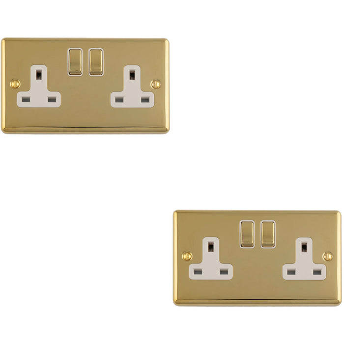2 PACK 2 Gang Double UK Plug Socket POLISHED BRASS & WHITE 13A Switched Mains Wall Power Outlet