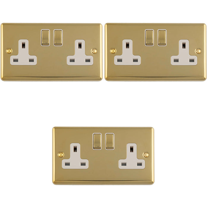 3 PACK 2 Gang Double UK Plug Socket POLISHED BRASS & WHITE 13A Switched Mains Wall Power Outlet