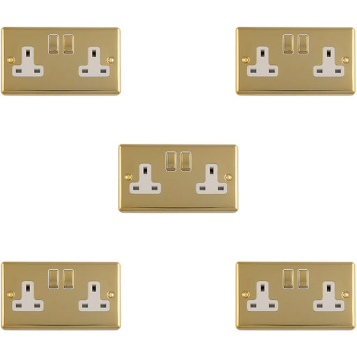 5 PACK 2 Gang Double UK Plug Socket POLISHED BRASS & WHITE 13A Switched Mains Wall Power Outlet