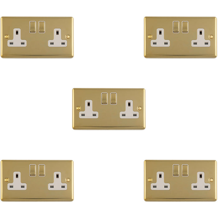 5 PACK 2 Gang Double UK Plug Socket POLISHED BRASS & WHITE 13A Switched Mains Wall Power Outlet