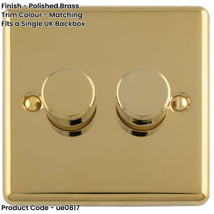 2 Gang 400W LED 2 Way Rotary Dimmer Switch POLISHED BRASS Light Dimming Plate