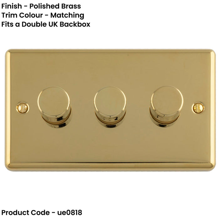 3 Gang 400W LED 2 Way Rotary Dimmer Switch POLISHED BRASS Light Dimming Plate