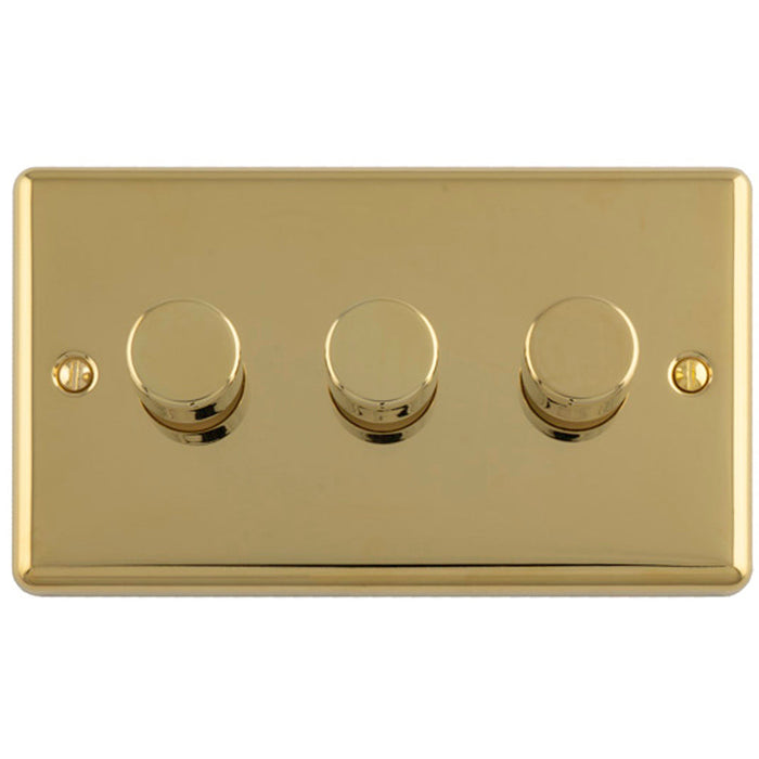 3 Gang 400W LED 2 Way Rotary Dimmer Switch POLISHED BRASS Light Dimming Plate