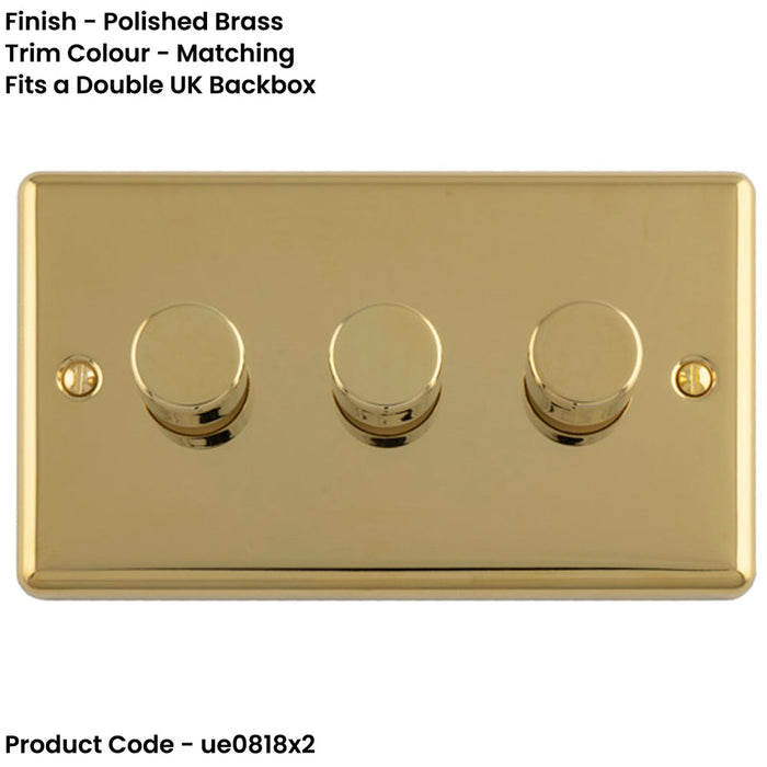 2 PACK 3 Gang 400W LED 2 Way Rotary Dimmer Switch POLISHED BRASS Light Dimming Plate