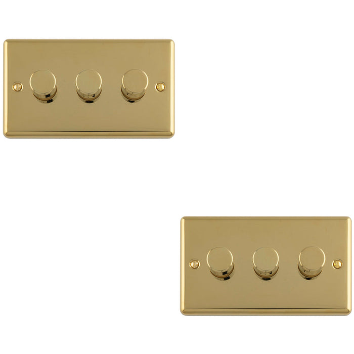 2 PACK 3 Gang 400W LED 2 Way Rotary Dimmer Switch POLISHED BRASS Light Dimming Plate