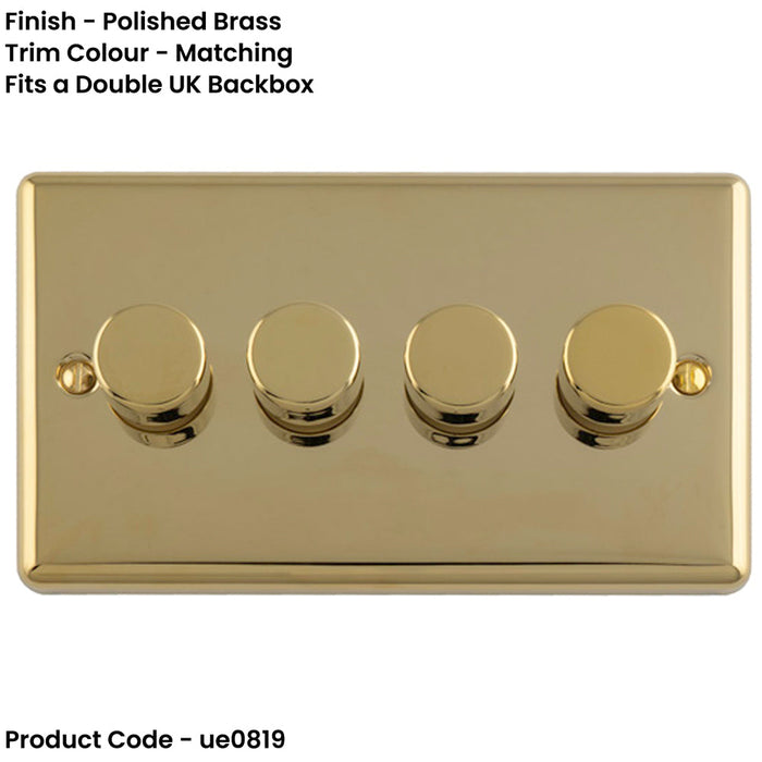 4 Gang 400W LED 2 Way Rotary Dimmer Switch POLISHED BRASS Light Dimming Plate