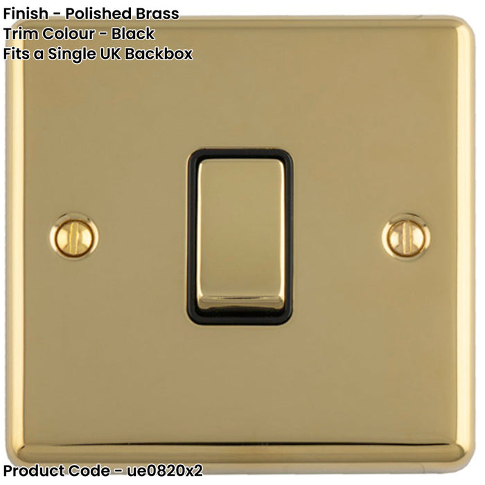 2 PACK 1 Gang Single Light Switch POLISHED BRASS 2 Way 10A Black Trim & Metal Rocker