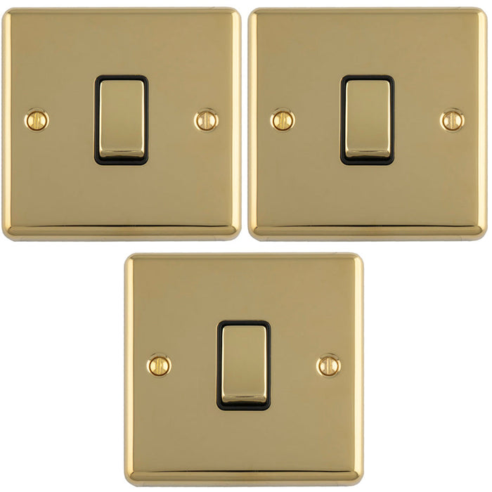 3 PACK 1 Gang Single Light Switch POLISHED BRASS 2 Way 10A Black Trim & Metal Rocker