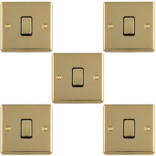 5 PACK 1 Gang Single Light Switch POLISHED BRASS 2 Way 10A Black Trim & Metal Rocker