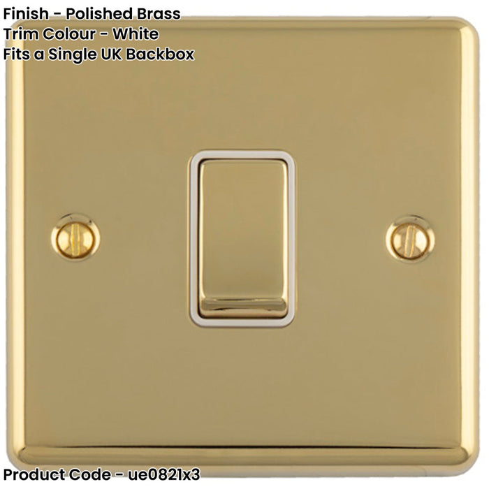 3 PACK 1 Gang Single Light Switch POLISHED BRASS 2 Way 10A White Trim & Metal Rocker