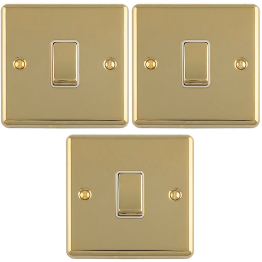 3 PACK 1 Gang Single Light Switch POLISHED BRASS 2 Way 10A White Trim & Metal Rocker