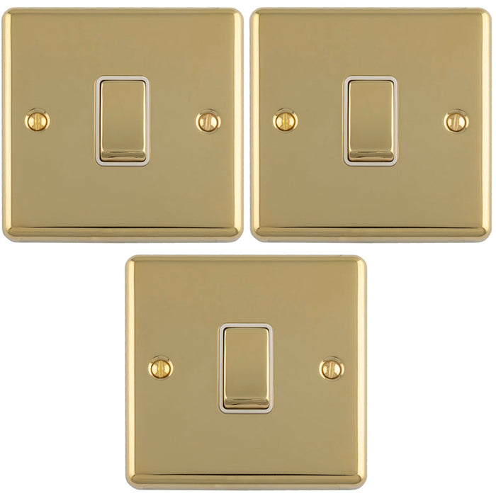 3 PACK 1 Gang Single Light Switch POLISHED BRASS 2 Way 10A White Trim & Metal Rocker