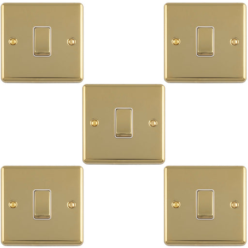 5 PACK 1 Gang Single Light Switch POLISHED BRASS 2 Way 10A White Trim & Metal Rocker