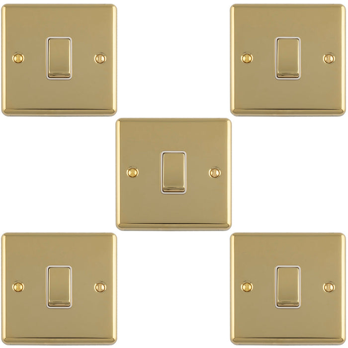 5 PACK 1 Gang Single Light Switch POLISHED BRASS 2 Way 10A White Trim & Metal Rocker