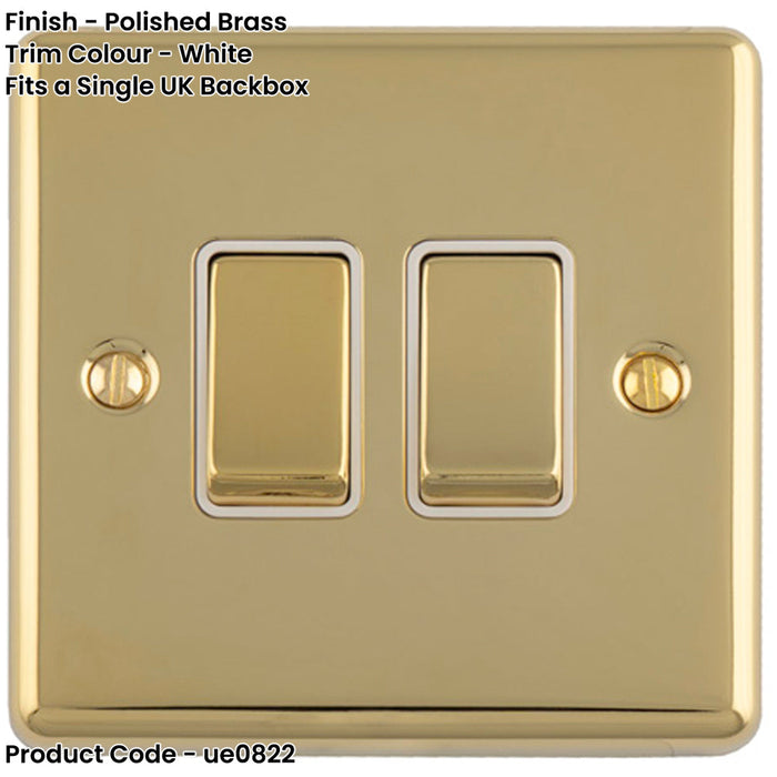 2 Gang Double Light Switch POLISHED BRASS 2 Way 10A White Trim & Metal Rocker