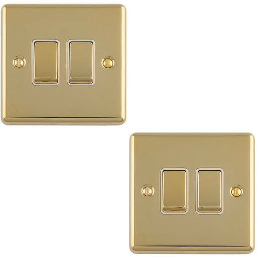 2 PACK 2 Gang Double Light Switch POLISHED BRASS 2 Way 10A White Trim & Metal Rocker