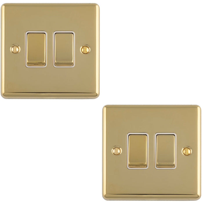 2 PACK 2 Gang Double Light Switch POLISHED BRASS 2 Way 10A White Trim & Metal Rocker
