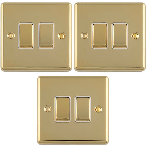 3 PACK 2 Gang Double Light Switch POLISHED BRASS 2 Way 10A White Trim & Metal Rocker