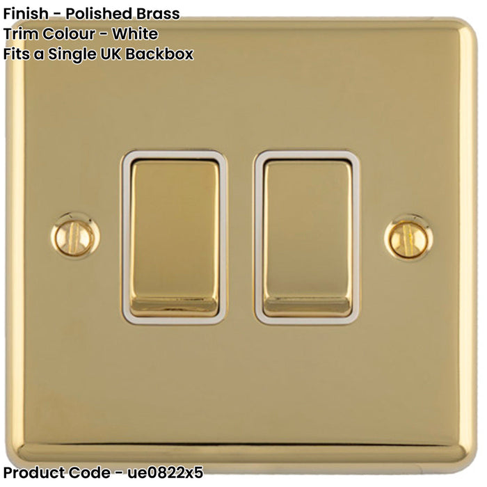 5 PACK 2 Gang Double Light Switch POLISHED BRASS 2 Way 10A White Trim & Metal Rocker