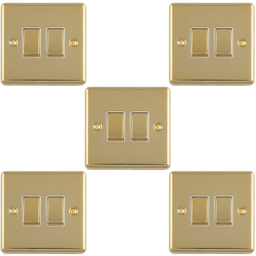 5 PACK 2 Gang Double Light Switch POLISHED BRASS 2 Way 10A White Trim & Metal Rocker