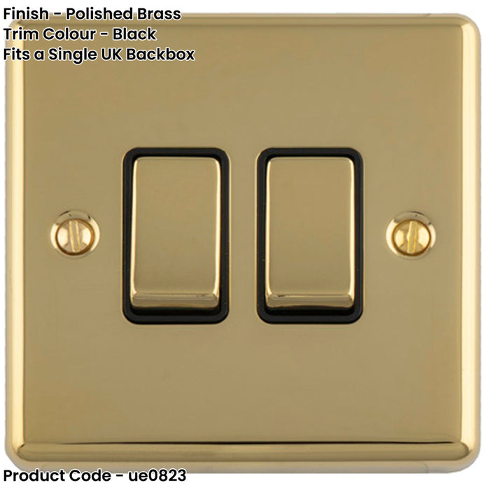 2 Gang Double Light Switch POLISHED BRASS 2 Way 10A Black Trim & Metal Rocker