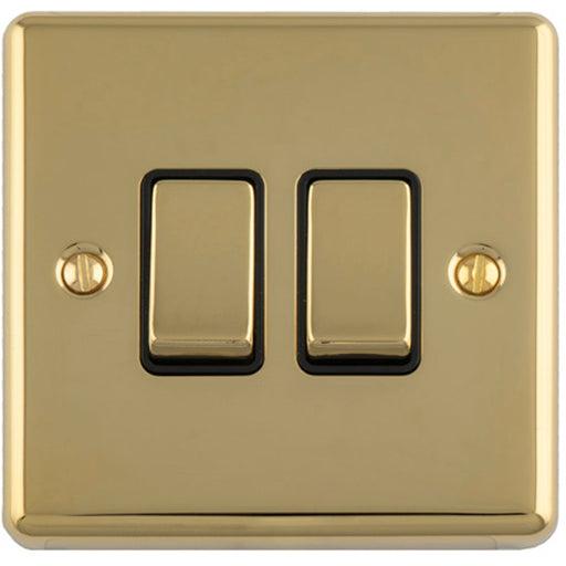 2 Gang Double Light Switch POLISHED BRASS 2 Way 10A Black Trim & Metal Rocker