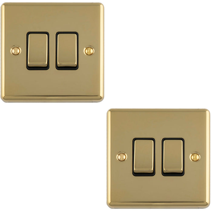 2 PACK 2 Gang Double Light Switch POLISHED BRASS 2 Way 10A Black Trim & Metal Rocker