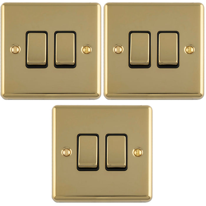 3 PACK 2 Gang Double Light Switch POLISHED BRASS 2 Way 10A Black Trim & Metal Rocker