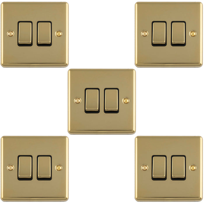 5 PACK 2 Gang Double Light Switch POLISHED BRASS 2 Way 10A Black Trim & Metal Rocker