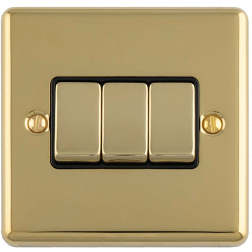 3 Gang Triple Light Switch POLISHED BRASS 2 Way 10A Black Trim & Metal Rocker