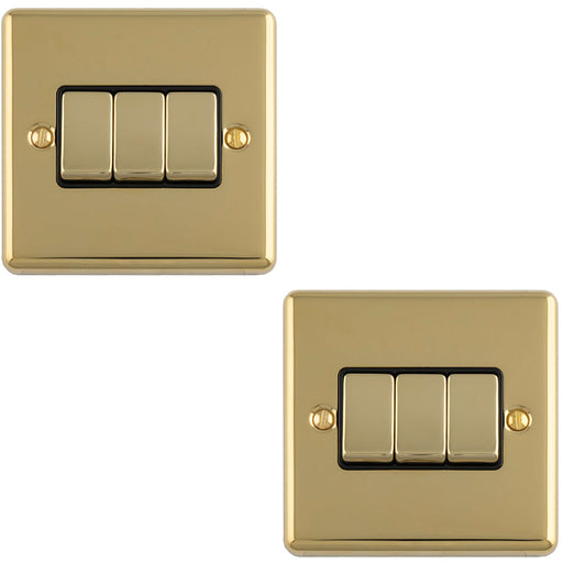 2 PACK 3 Gang Triple Light Switch POLISHED BRASS 2 Way 10A Black Trim & Metal Rocker