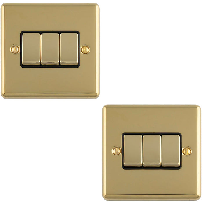 2 PACK 3 Gang Triple Light Switch POLISHED BRASS 2 Way 10A Black Trim & Metal Rocker
