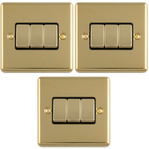 3 PACK 3 Gang Triple Light Switch POLISHED BRASS 2 Way 10A Black Trim & Metal Rocker