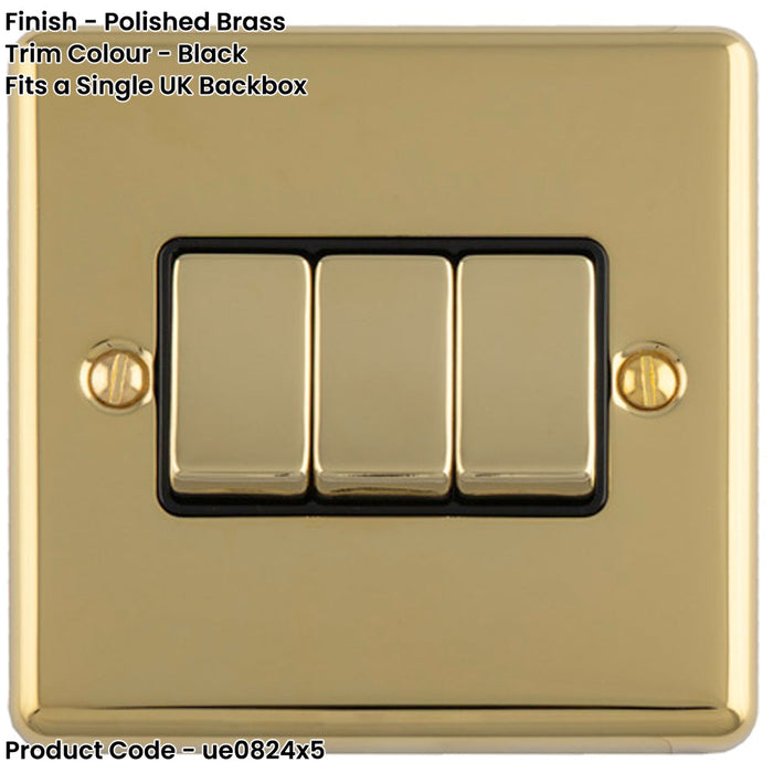 5 PACK 3 Gang Triple Light Switch POLISHED BRASS 2 Way 10A Black Trim & Metal Rocker