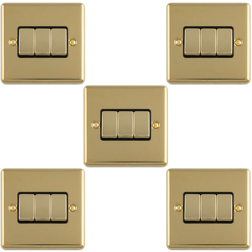 5 PACK 3 Gang Triple Light Switch POLISHED BRASS 2 Way 10A Black Trim & Metal Rocker