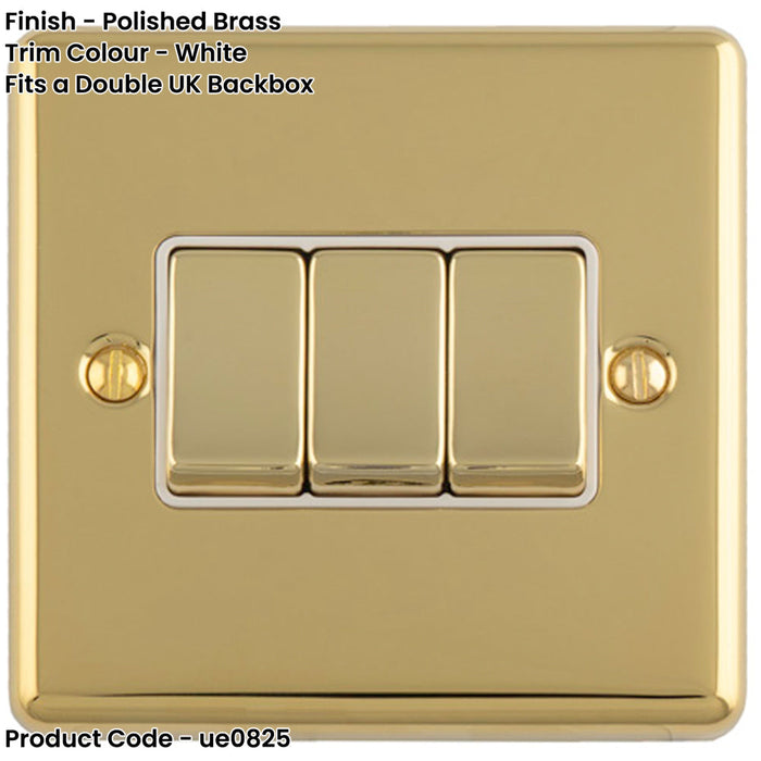 3 Gang Triple Light Switch POLISHED BRASS 2 Way 10A White Trim & Metal Rocker
