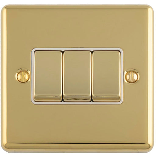 3 Gang Triple Light Switch POLISHED BRASS 2 Way 10A White Trim & Metal Rocker
