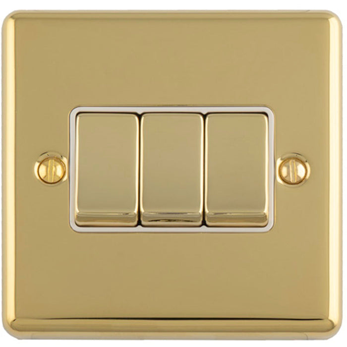 3 Gang Triple Light Switch POLISHED BRASS 2 Way 10A White Trim & Metal Rocker
