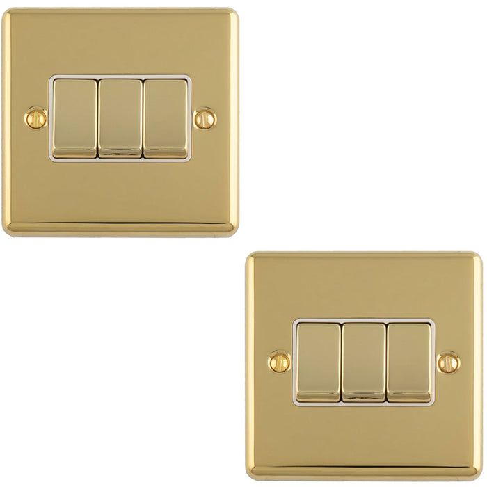 2 PACK 3 Gang Triple Light Switch POLISHED BRASS 2 Way 10A White Trim & Metal Rocker