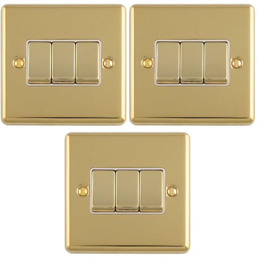 3 PACK 3 Gang Triple Light Switch POLISHED BRASS 2 Way 10A White Trim & Metal Rocker