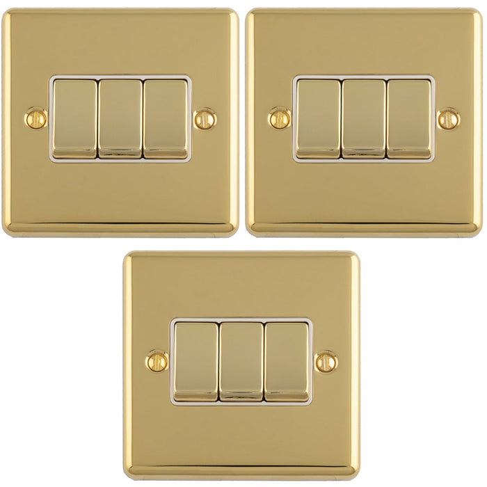 3 PACK 3 Gang Triple Light Switch POLISHED BRASS 2 Way 10A White Trim & Metal Rocker