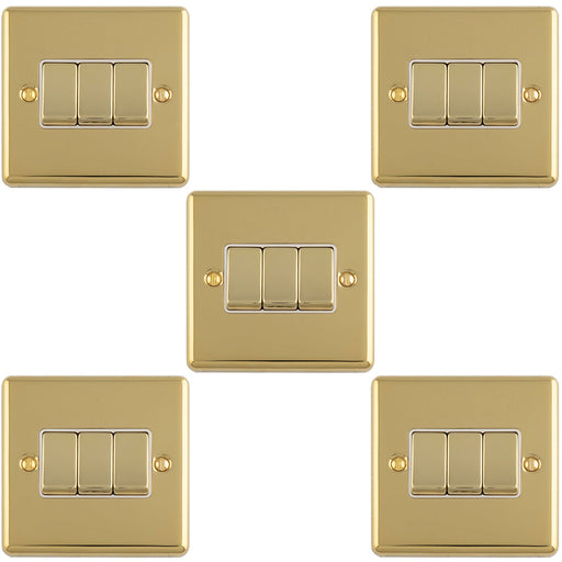 5 PACK 3 Gang Triple Light Switch POLISHED BRASS 2 Way 10A White Trim & Metal Rocker