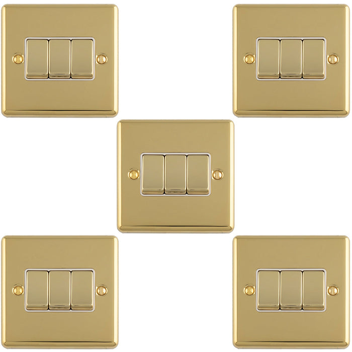 5 PACK 3 Gang Triple Light Switch POLISHED BRASS 2 Way 10A White Trim & Metal Rocker