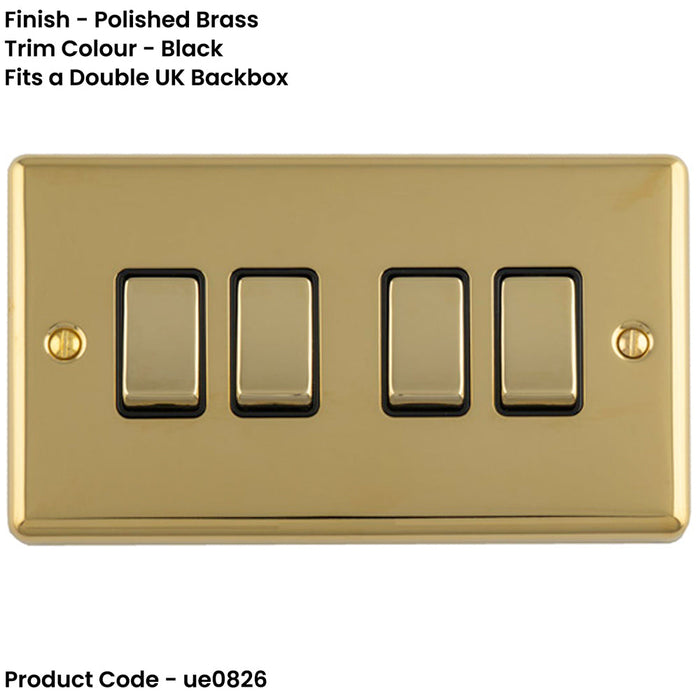 4 Gang Quad Light Switch POLISHED BRASS 2 Way 10A Black Trim & Metal Rocker