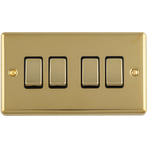 4 Gang Quad Light Switch POLISHED BRASS 2 Way 10A Black Trim & Metal Rocker