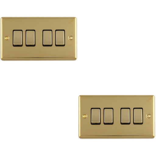 2 PACK 4 Gang Quad Light Switch POLISHED BRASS 2 Way 10A Black Trim & Metal Rocker