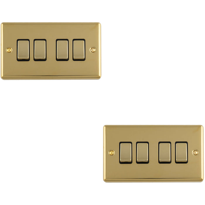 2 PACK 4 Gang Quad Light Switch POLISHED BRASS 2 Way 10A Black Trim & Metal Rocker