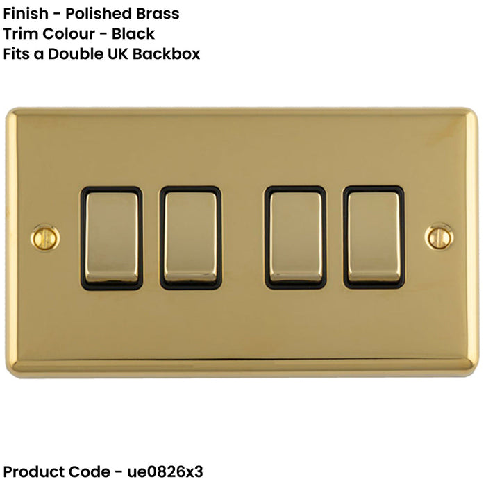 3 PACK 4 Gang Quad Light Switch POLISHED BRASS 2 Way 10A Black Trim & Metal Rocker